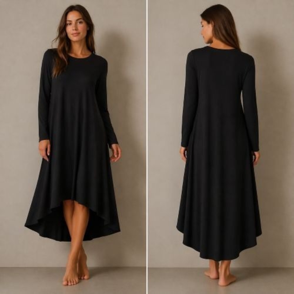 Eileen Fisher Asymmetrical Dress S Black LS‎ Lagenlook Minimalist Quiet Luxury